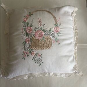 Floral Embroidered White Pillow with Lace Trim